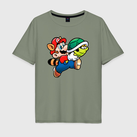Мужская футболка хлопок Oversize с принтом Марио несёт черепашку в Курске, 100% хлопок | свободный крой, круглый ворот, “спинка” длиннее передней части | 