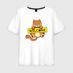 Мужская футболка хлопок Oversize с принтом Welcome cat в Кировске, 100% хлопок | свободный крой, круглый ворот, “спинка” длиннее передней части | Тематика изображения на принте: 