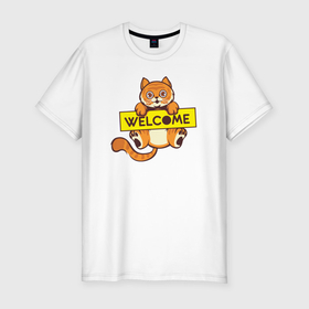 Мужская футболка хлопок Slim с принтом Welcome cat в Курске, 92% хлопок, 8% лайкра | приталенный силуэт, круглый вырез ворота, длина до линии бедра, короткий рукав | Тематика изображения на принте: 