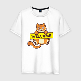 Мужская футболка хлопок с принтом Welcome cat в Кировске, 100% хлопок | прямой крой, круглый вырез горловины, длина до линии бедер, слегка спущенное плечо. | Тематика изображения на принте: 