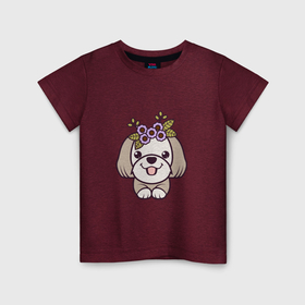 Детская футболка хлопок с принтом Ши тцу щенок с цветами , 100% хлопок | круглый вырез горловины, полуприлегающий силуэт, длина до линии бедер | Тематика изображения на принте: 