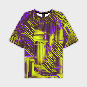 Мужская футболка oversize 3D с принтом Киберпанк линии фиолетовые и жёлтые в Тюмени,  |  | 