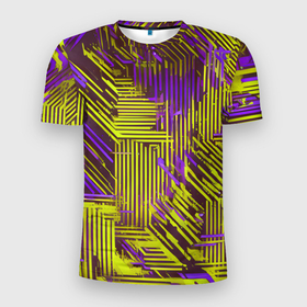 Мужская футболка 3D Slim с принтом Киберпанк линии фиолетовые и жёлтые в Тюмени, 100% полиэстер с улучшенными характеристиками | приталенный силуэт, круглая горловина, широкие плечи, сужается к линии бедра | 