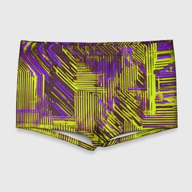Мужские купальные плавки 3D с принтом Киберпанк линии фиолетовые и жёлтые в Тюмени, Полиэстер 85%, Спандекс 15% |  | 