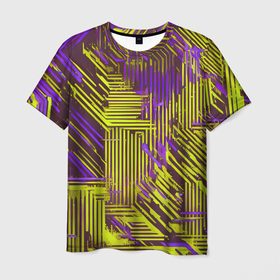 Мужская футболка 3D с принтом Киберпанк линии фиолетовые и жёлтые в Тюмени, 100% полиэфир | прямой крой, круглый вырез горловины, длина до линии бедер | 