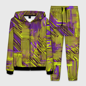 Мужской костюм 3D с принтом Киберпанк линии фиолетовые и жёлтые в Тюмени, 100% полиэстер | Манжеты и пояс оформлены тканевой резинкой, двухслойный капюшон со шнурком для регулировки, карманы спереди | 