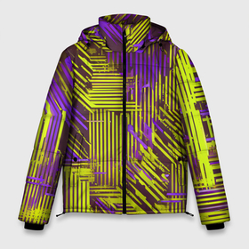 Мужская зимняя куртка 3D с принтом Киберпанк линии фиолетовые и жёлтые в Тюмени, верх — 100% полиэстер; подкладка — 100% полиэстер; утеплитель — 100% полиэстер | длина ниже бедра, свободный силуэт Оверсайз. Есть воротник-стойка, отстегивающийся капюшон и ветрозащитная планка. 

Боковые карманы с листочкой на кнопках и внутренний карман на молнии. | 