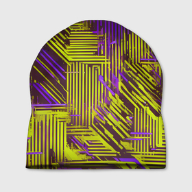 Шапка 3D с принтом Киберпанк линии фиолетовые и жёлтые в Тюмени, 100% полиэстер | универсальный размер, печать по всей поверхности изделия | 