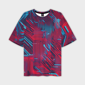 Мужская футболка oversize 3D с принтом Киберпанк линии синие и красные ,  |  | Тематика изображения на принте: 