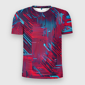 Мужская футболка 3D Slim с принтом Киберпанк линии синие и красные , 100% полиэстер с улучшенными характеристиками | приталенный силуэт, круглая горловина, широкие плечи, сужается к линии бедра | 