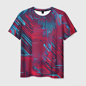 Мужская футболка 3D с принтом Киберпанк линии синие и красные , 100% полиэфир | прямой крой, круглый вырез горловины, длина до линии бедер | 