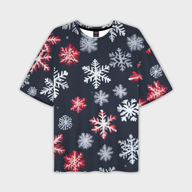 Мужская футболка oversize 3D с принтом Снежинки белые и красные в Новосибирске,  |  | Тематика изображения на принте: 