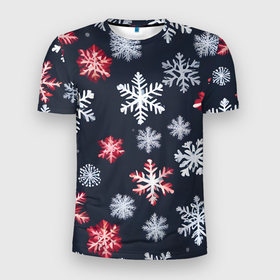 Мужская футболка 3D Slim с принтом Снежинки белые и красные в Новосибирске, 100% полиэстер с улучшенными характеристиками | приталенный силуэт, круглая горловина, широкие плечи, сужается к линии бедра | Тематика изображения на принте: 