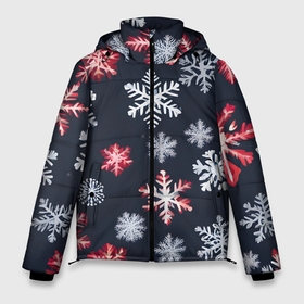 Мужская зимняя куртка 3D с принтом Снежинки белые и красные в Новосибирске, верх — 100% полиэстер; подкладка — 100% полиэстер; утеплитель — 100% полиэстер | длина ниже бедра, свободный силуэт Оверсайз. Есть воротник-стойка, отстегивающийся капюшон и ветрозащитная планка. 

Боковые карманы с листочкой на кнопках и внутренний карман на молнии. | Тематика изображения на принте: 