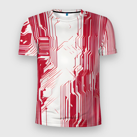 Мужская футболка 3D Slim с принтом Красные линии на белом фоне киберпанк , 100% полиэстер с улучшенными характеристиками | приталенный силуэт, круглая горловина, широкие плечи, сужается к линии бедра | 