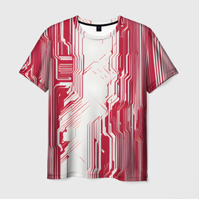Мужская футболка 3D с принтом Красные линии на белом фоне киберпанк , 100% полиэфир | прямой крой, круглый вырез горловины, длина до линии бедер | Тематика изображения на принте: 
