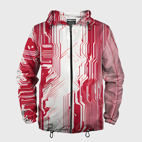 Мужская ветровка 3D с принтом Красные линии на белом фоне киберпанк в Курске, 100% полиэстер | подол и капюшон оформлены резинкой с фиксаторами, два кармана без застежек по бокам, один потайной карман на груди | 