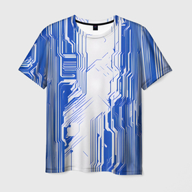 Мужская футболка 3D с принтом Синие линии на белом фоне киберпанк в Екатеринбурге, 100% полиэфир | прямой крой, круглый вырез горловины, длина до линии бедер | 
