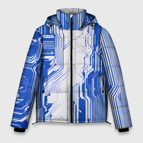 Мужская зимняя куртка 3D с принтом Синие линии на белом фоне киберпанк в Екатеринбурге, верх — 100% полиэстер; подкладка — 100% полиэстер; утеплитель — 100% полиэстер | длина ниже бедра, свободный силуэт Оверсайз. Есть воротник-стойка, отстегивающийся капюшон и ветрозащитная планка. 

Боковые карманы с листочкой на кнопках и внутренний карман на молнии. | 