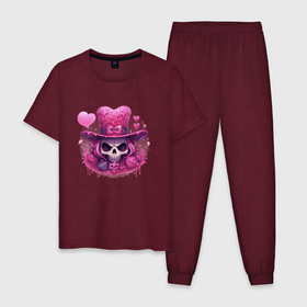 Мужская пижама хлопок с принтом Розовый череп с розовой шляпой ведьмы в Белгороде, 100% хлопок | брюки и футболка прямого кроя, без карманов, на брюках мягкая резинка на поясе и по низу штанин
 | 