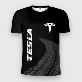 Мужская футболка 3D Slim с принтом Tesla speed на темном фоне со следами шин вертикально в Петрозаводске, 100% полиэстер с улучшенными характеристиками | приталенный силуэт, круглая горловина, широкие плечи, сужается к линии бедра | Тематика изображения на принте: 