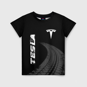 Детская футболка 3D с принтом Tesla speed на темном фоне со следами шин вертикально в Рязани, 100% гипоаллергенный полиэфир | прямой крой, круглый вырез горловины, длина до линии бедер, чуть спущенное плечо, ткань немного тянется | 
