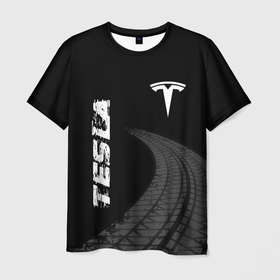 Мужская футболка 3D с принтом Tesla speed на темном фоне со следами шин вертикально в Петрозаводске, 100% полиэфир | прямой крой, круглый вырез горловины, длина до линии бедер | Тематика изображения на принте: 