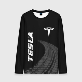 Мужской лонгслив 3D с принтом Tesla speed на темном фоне со следами шин вертикально , 100% полиэстер | длинные рукава, круглый вырез горловины, полуприлегающий силуэт | 
