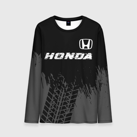 Мужской лонгслив 3D с принтом Honda speed на темном фоне со следами шин посередине в Петрозаводске, 100% полиэстер | длинные рукава, круглый вырез горловины, полуприлегающий силуэт | Тематика изображения на принте: 