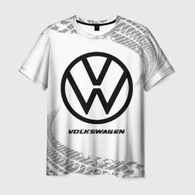 Мужская футболка 3D с принтом Volkswagen speed на светлом фоне со следами шин в Санкт-Петербурге, 100% полиэфир | прямой крой, круглый вырез горловины, длина до линии бедер | 