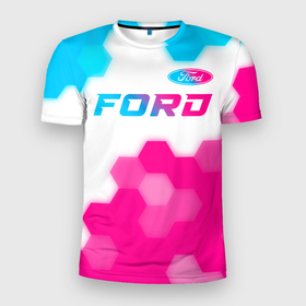 Мужская футболка 3D Slim с принтом Ford neon gradient style посередине в Санкт-Петербурге, 100% полиэстер с улучшенными характеристиками | приталенный силуэт, круглая горловина, широкие плечи, сужается к линии бедра | Тематика изображения на принте: 