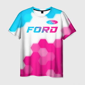 Мужская футболка 3D с принтом Ford neon gradient style посередине в Тюмени, 100% полиэфир | прямой крой, круглый вырез горловины, длина до линии бедер | 
