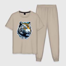 Мужская пижама хлопок с принтом Амурский таежный тигр в Петрозаводске, 100% хлопок | брюки и футболка прямого кроя, без карманов, на брюках мягкая резинка на поясе и по низу штанин
 | 
