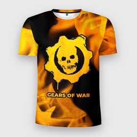 Мужская футболка 3D Slim с принтом Gears of War   gold gradient в Белгороде, 100% полиэстер с улучшенными характеристиками | приталенный силуэт, круглая горловина, широкие плечи, сужается к линии бедра | 