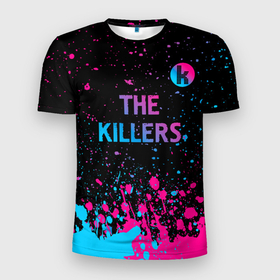 Мужская футболка 3D Slim с принтом The Killers   neon gradient посередине в Санкт-Петербурге, 100% полиэстер с улучшенными характеристиками | приталенный силуэт, круглая горловина, широкие плечи, сужается к линии бедра | 