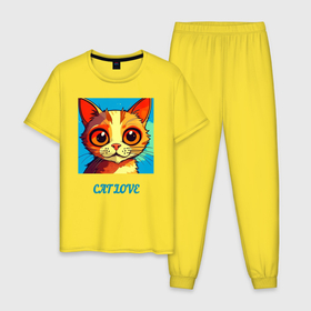 Мужская пижама хлопок с принтом Милый рыжий котик с большими глазами в Курске, 100% хлопок | брюки и футболка прямого кроя, без карманов, на брюках мягкая резинка на поясе и по низу штанин
 | 