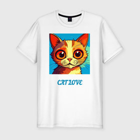 Мужская футболка хлопок Slim с принтом Милый рыжий котик с большими глазами в Тюмени, 92% хлопок, 8% лайкра | приталенный силуэт, круглый вырез ворота, длина до линии бедра, короткий рукав | 