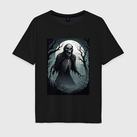 Мужская футболка хлопок Oversize с принтом Привидение скелет в ночном лесу в Курске, 100% хлопок | свободный крой, круглый ворот, “спинка” длиннее передней части | 