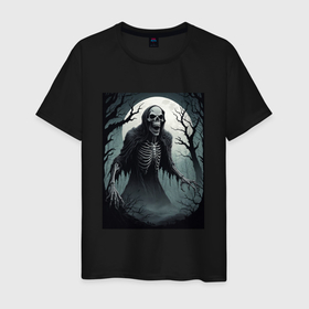 Мужская футболка хлопок с принтом Привидение скелет в ночном лесу в Курске, 100% хлопок | прямой крой, круглый вырез горловины, длина до линии бедер, слегка спущенное плечо. | 