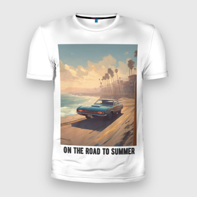 Мужская футболка 3D Slim с принтом On the road to summer в Санкт-Петербурге, 100% полиэстер с улучшенными характеристиками | приталенный силуэт, круглая горловина, широкие плечи, сужается к линии бедра | Тематика изображения на принте: 