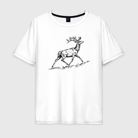 Мужская футболка хлопок Oversize с принтом Олень бежит на гору в Курске, 100% хлопок | свободный крой, круглый ворот, “спинка” длиннее передней части | 