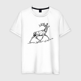 Мужская футболка хлопок с принтом Олень бежит на гору в Курске, 100% хлопок | прямой крой, круглый вырез горловины, длина до линии бедер, слегка спущенное плечо. | 