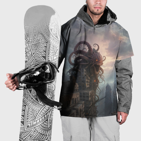 Накидка на куртку 3D с принтом Монстр на высотке , 100% полиэстер |  | Тематика изображения на принте: 