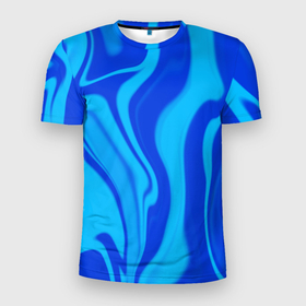 Мужская футболка 3D Slim с принтом Абстракция разлитые краски сине голубой в Новосибирске, 100% полиэстер с улучшенными характеристиками | приталенный силуэт, круглая горловина, широкие плечи, сужается к линии бедра | 