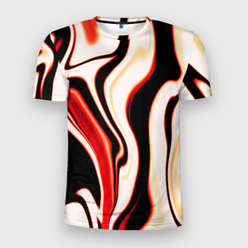 Мужская футболка 3D Slim с принтом Абстракция разлитые краски бежевый красный и чёрный в Курске, 100% полиэстер с улучшенными характеристиками | приталенный силуэт, круглая горловина, широкие плечи, сужается к линии бедра | 