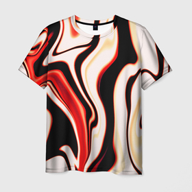 Мужская футболка 3D с принтом Абстракция разлитые краски бежевый красный и чёрный в Екатеринбурге, 100% полиэфир | прямой крой, круглый вырез горловины, длина до линии бедер | 