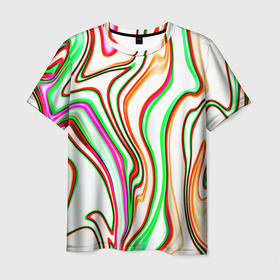 Мужская футболка 3D с принтом Разноцветные волнистые линии абстракция в Тюмени, 100% полиэфир | прямой крой, круглый вырез горловины, длина до линии бедер | 