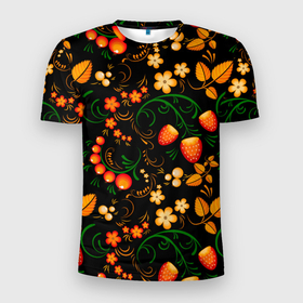 Мужская футболка 3D Slim с принтом Хохлома   цветы и ягоды в Тюмени, 100% полиэстер с улучшенными характеристиками | приталенный силуэт, круглая горловина, широкие плечи, сужается к линии бедра | Тематика изображения на принте: 