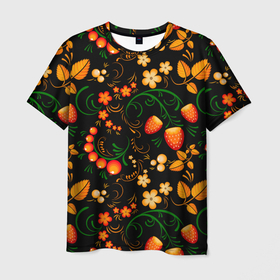 Мужская футболка 3D с принтом Хохлома   цветы и ягоды в Петрозаводске, 100% полиэфир | прямой крой, круглый вырез горловины, длина до линии бедер | Тематика изображения на принте: 