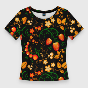 Женская футболка 3D Slim с принтом Хохлома   цветы и ягоды в Кировске,  |  | 